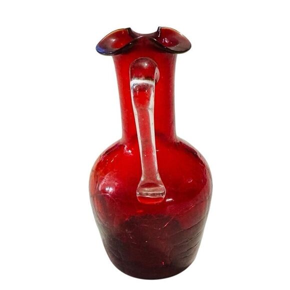 Pilgram Glass Vintage Hand Blown Red Crackle Glass Mini Pitcher - Picture 2 of 8